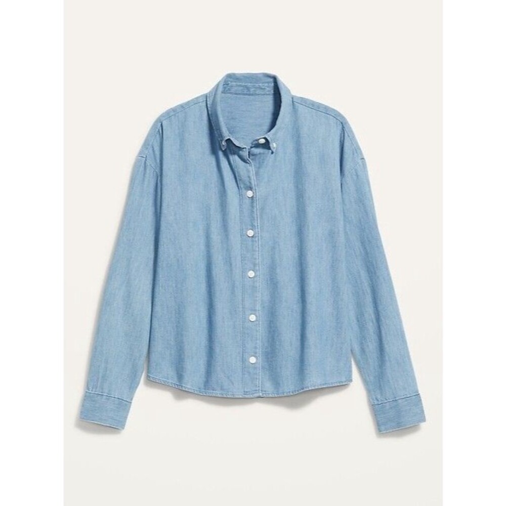 Old Navy Women's Long Sleeve Cropped Chambray Boyfriend Shirt Oversized Sz L